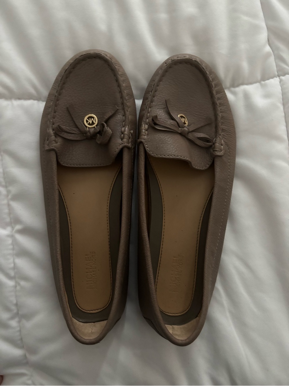 Michael Kors Taupe Leather Bow Moccasin Loafers with Gold MK Charm